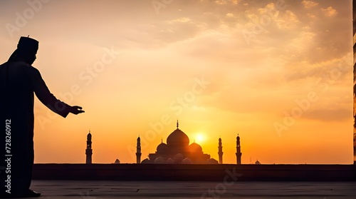 Silhouette Young muslim man honesty pray to God on sunset panoramic mosque background, concept for eid mubarak  life and spiritual of islam man fasting in ramadan  Indonesian civilian people