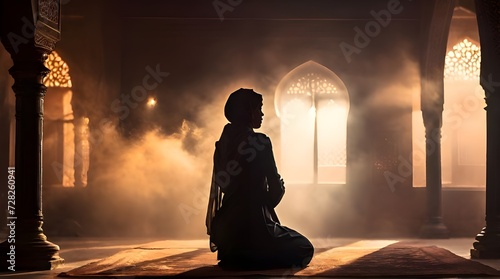 Silhouette of a muslim woman praying in an old mosque with lighting and smoke in the background.