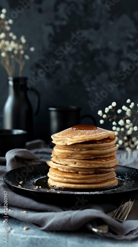 Whole Grain Pancakes, Black Surface Table, minimalistic decor 