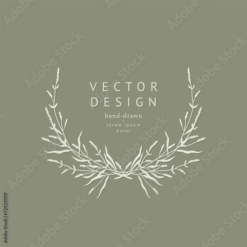 Elegant floral frame with hand drawn wild plant botanical elements silhouettes. Vector flower wreath for labels, corporate identity, wedding invitation, save the date, logo