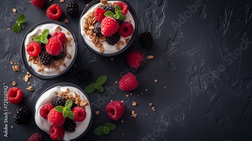 Yogurt and Berry Parfait, Black Surface Table, minimalistic decor 