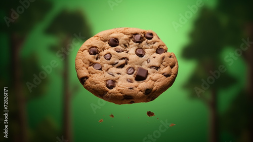 A mouth-watering chocolate chip cookie floats in the air, enticing all with its irresistible snackable perfection photo