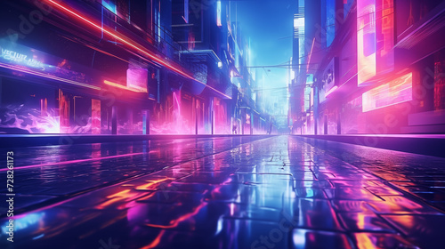 The vibrant glow of neon lights dance on the slick pavement, casting a mesmerizing spell over the bustling city streets as lasers reflect off the wet surface, creating a dazzling display of urban ene