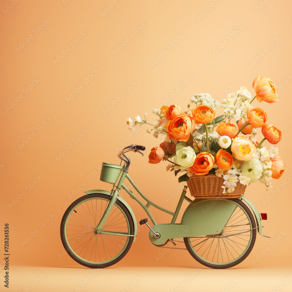 A vibrant bicycle adorned with a basket of delicate flowers, ready to carry its rider on a journey through the beauty of nature