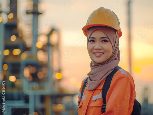 A young Indonesian female petroleum engineer in her mid 30s wearing hijab on site