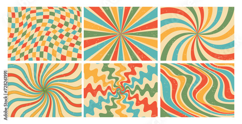 Retro groovy background. Abstract hypnotic 70s hypnotic pattern. Colorful twisted rays, trippy waves, hippy 60s chess elements for poster, cards. Vector set photo