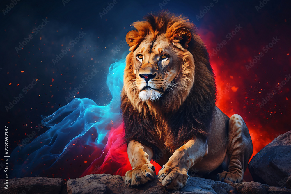 lion on blue red smoke background