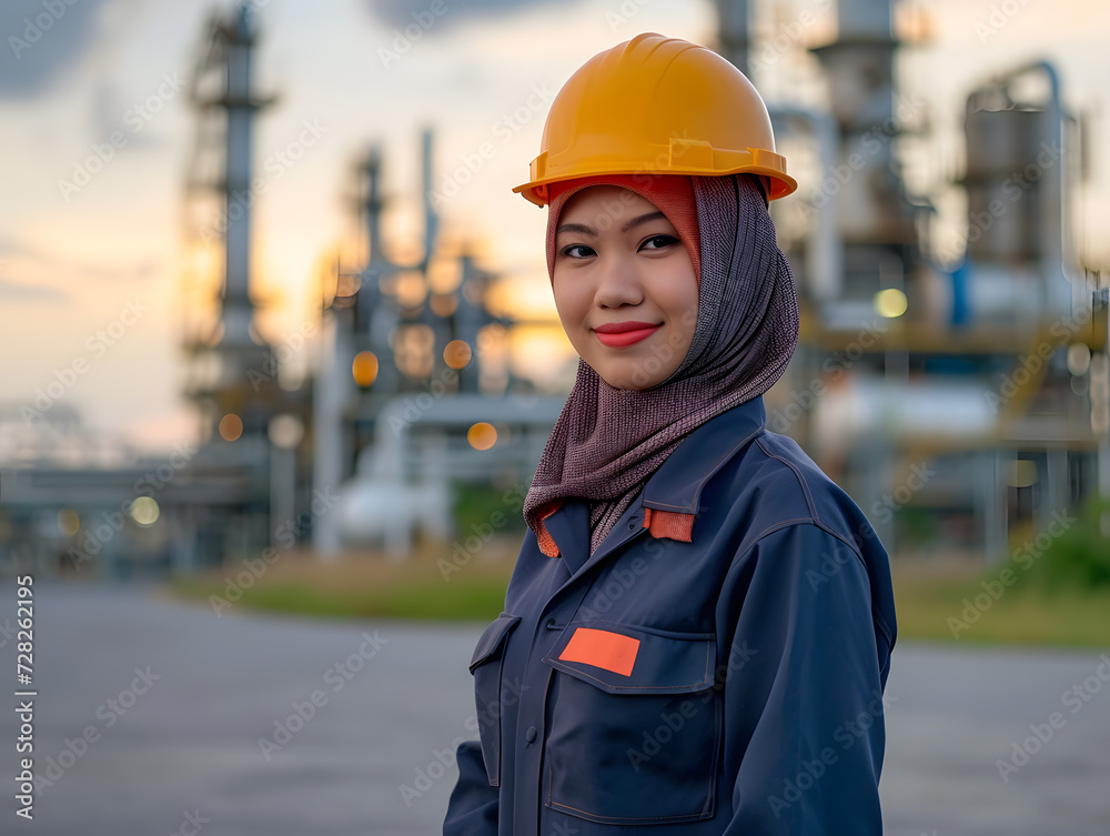 A young Indonesian female petroleum engineer in her mid 30s wearing hijab on site A young Indonesian female petroleum engineer in her mid 30s wearing hijab on site