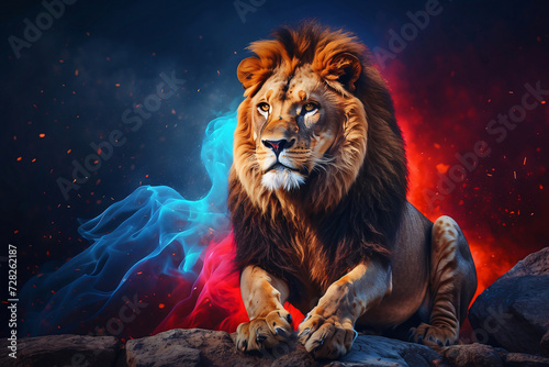lion on blue red smoke background