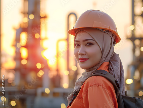A young Indonesian female petroleum engineer in her mid 30s wearing hijab on site