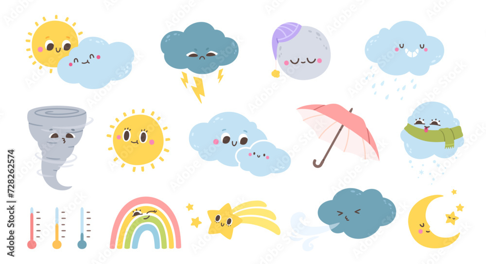 Cute weather characters. Cartoon funny season forecast emotion elements. Kids sun, happy rainbow, snowy cloud in hat, rain with umbrella on white background. Vector icons