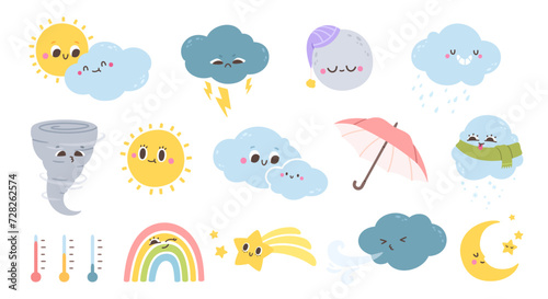 Cute weather characters. Cartoon funny season forecast emotion elements. Kids sun, happy rainbow, snowy cloud in hat, rain with umbrella on white background. Vector icons © Foxy Fox