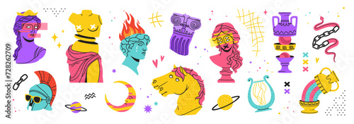 Psychedelic antique stickers. Ancient greek culture sticker pack in modern art style. Acid trendy Greece sculpture, trippy surreal elements, weird statue vector set