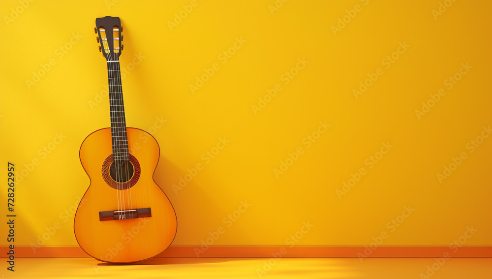 Sun-kissed Melody: A rustic acoustic guitar leans against a cheerful yellow wall, bathed in warm sunlight - obrazy, fototapety, plakaty 
