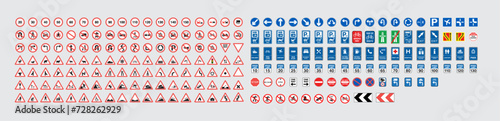 Collection of warning, mandatory, prohibition, road signs and traffic light vectors. Traffic signs collection. Signs of danger, mandatory, obligations, animal crossing and alerts. Vector illustration.