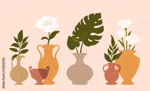 Composition vases and leaves. Abstract minimal design with pottery elements and floral exotic shapes. Concept pot forms for print template. Vector illustration