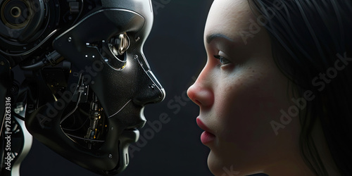 Human robot faces, artificial intelligence AI, interfacing cyborgs, future technology, generated ai