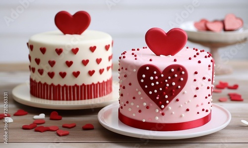 Cake with red hearts on a wooden table, close-up