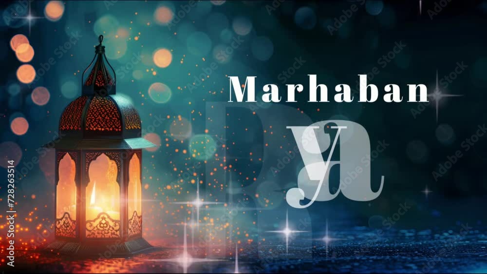 Ramadan Background with Marhaban ya ramadan text- Lantern, Candle, and Animated Starlight - 4K Looping Video Background