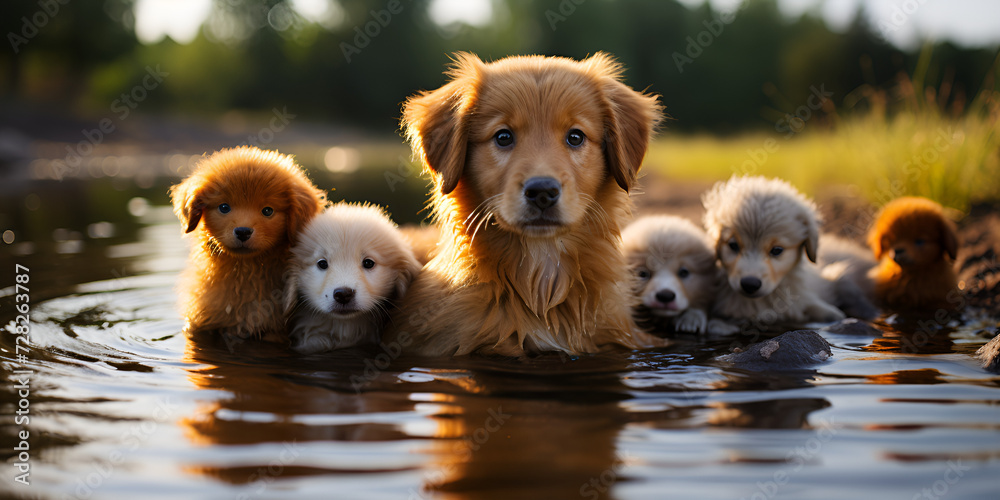golden retriever puppy in the pool. Adorable Golden Retriever Puppy Splashing in Pool - obrazy, fototapety, plakaty 