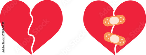 Cartoon heart set, broken heart and crack fixed with bandage. Breakup and heartbreak symbol. Simple flat vector style clip art illustration.