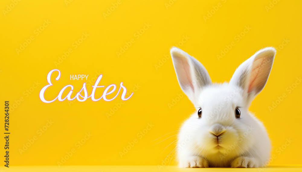 Obraz premium Little white bunny. Isolated over yellow background. Happy Easter.