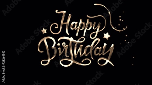 Happy birthday to you text animation. Animated text with gold particles and ink effect. Good for birthday party messages, greeting cards, and social media posts. Features 4K and transparent background