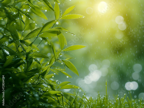 Natural Background. Raindrops on the background of green leaves and water at sunrise.