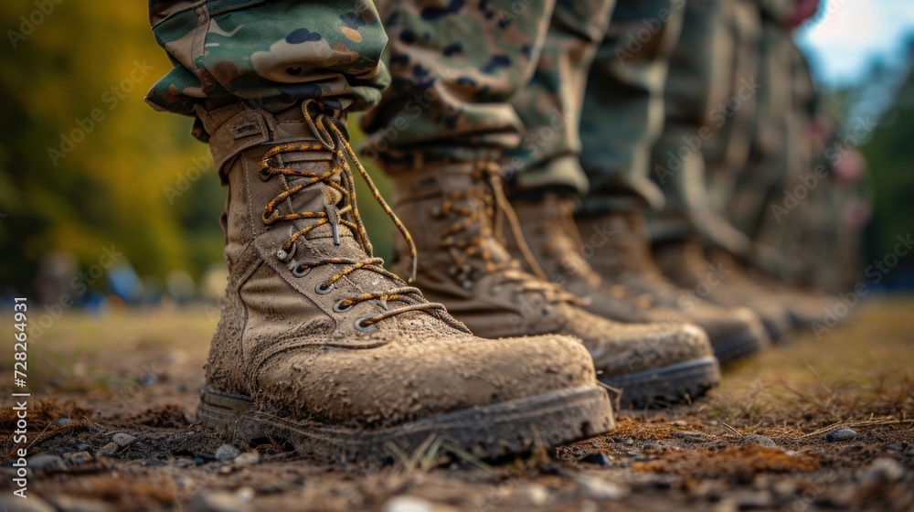 Row of Soldiers Standing at Attention in Camouflage Uniforms During Daylight Training Exercise Row of Soldiers Standing at Attention in Camouflage Uniforms During Daylight Training Exercise
