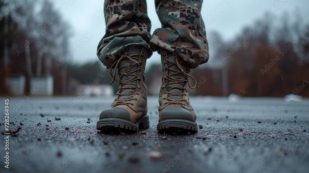 Row of Soldiers Standing at Attention in Camouflage Uniforms During Daylight Training Exercise Row of Soldiers Standing at Attention in Camouflage Uniforms During Daylight Training Exercise