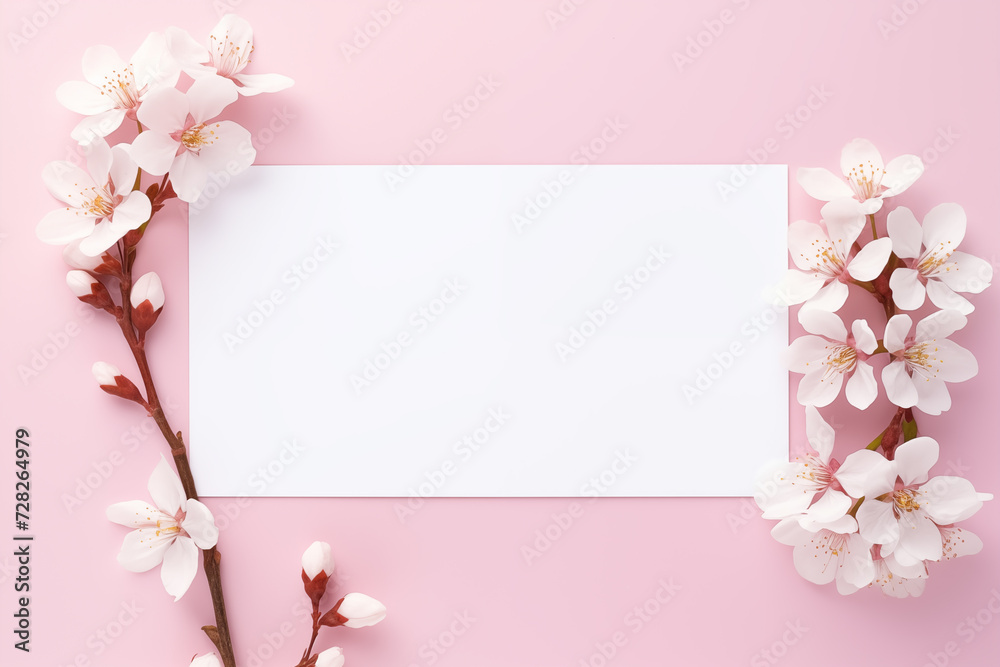 White Paper Sheet Card Mockup with Flowers on Pastel Pink Background. Empty Card Mockup with Copy Space