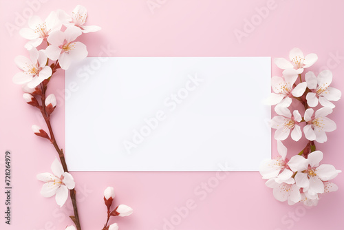 White Paper Sheet Card Mockup with Flowers on Pastel Pink Background. Empty Card Mockup with Copy Space