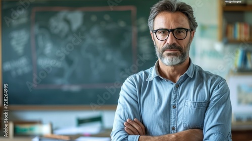 Confident University Professor Standing in Front of Blackboard in Lecture Hall