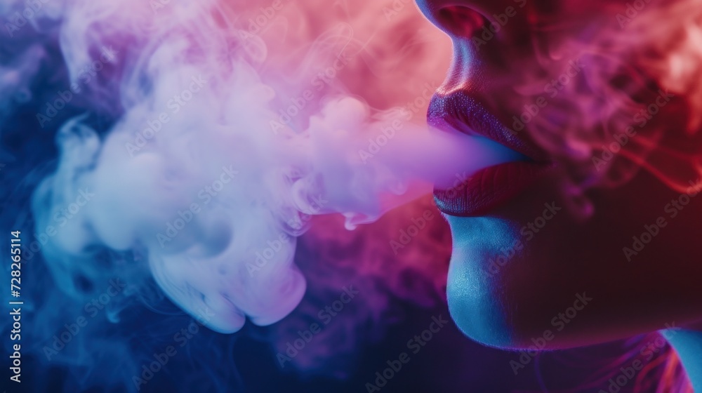 Close-Up View of a Woman Exhaling Vapor From an Electronic Cigarette Under Blue Neon Light Close-Up View of a Woman Exhaling Vapor From an Electronic Cigarette Under Blue Neon Light