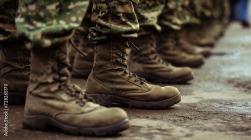 Row of Soldiers Standing at Attention in Camouflage Uniforms During Daylight Training Exercise