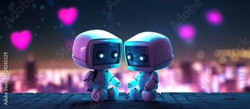 happy cute couple loving robot in city with skyscraper background, bokeh blur background