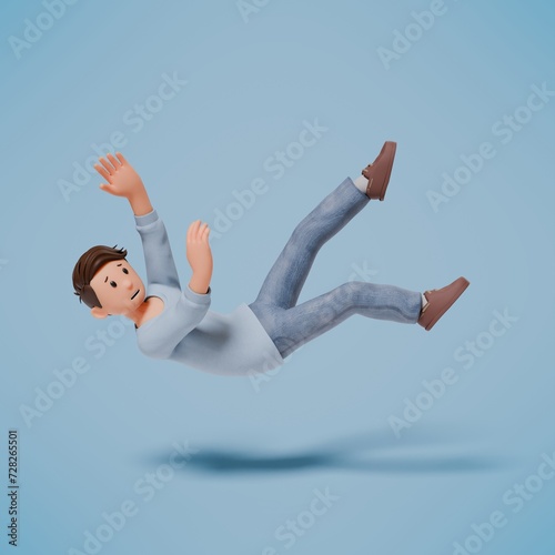 Photos 3d man character slipped and fell backwards while walking on a blue background