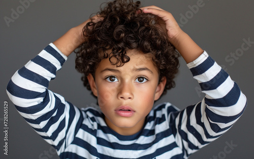 Young Boy With Curly Hair Wearing a Striped Shirt