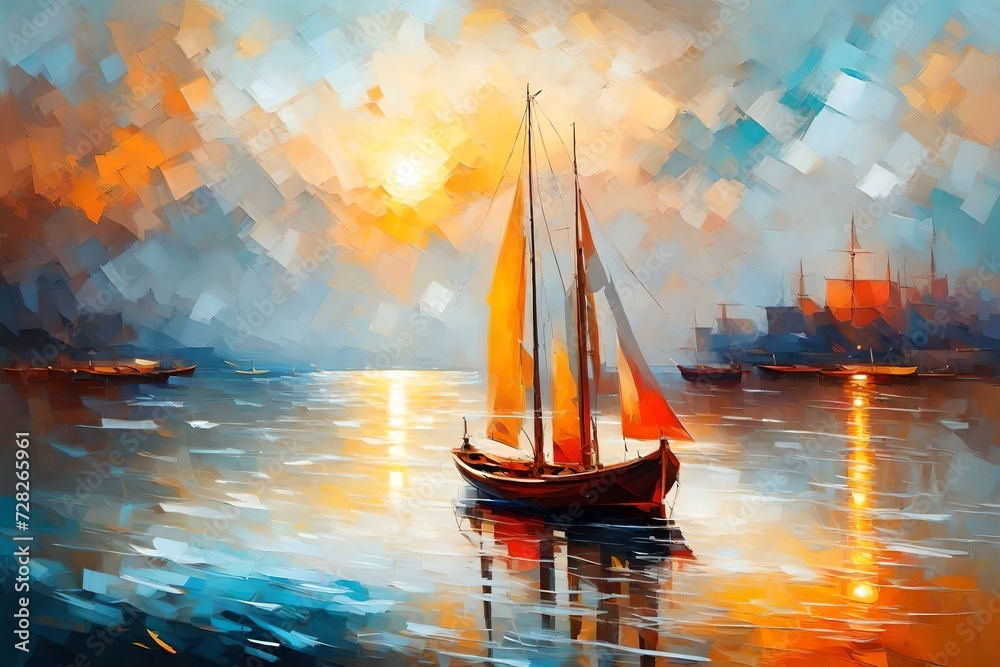 Colorful oil painting on canvas texture. Impressionism image of seascape paintings with sunlight background. Modern art oil paintings with boat, sail on sea. Abstract contemporary art for background