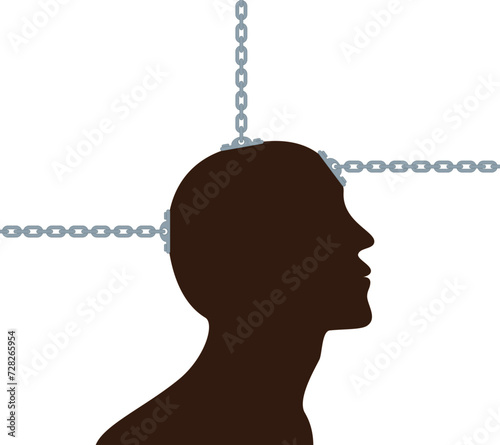 Chained human head, concept of narrow thinking, prison or slavery, vector illustration