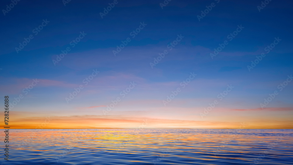 Beautiful idyllic sunset sky background over sea with colorful sunlight reflection on water surface in evening time. tranquil seascape scene 