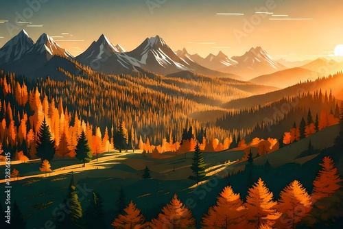 Mountains and forest landscape with trees on Sunset. Vector illustration