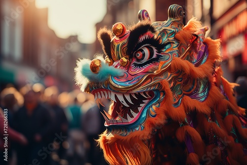 A festive chinese dragon at a chinese new year festival during the day.
