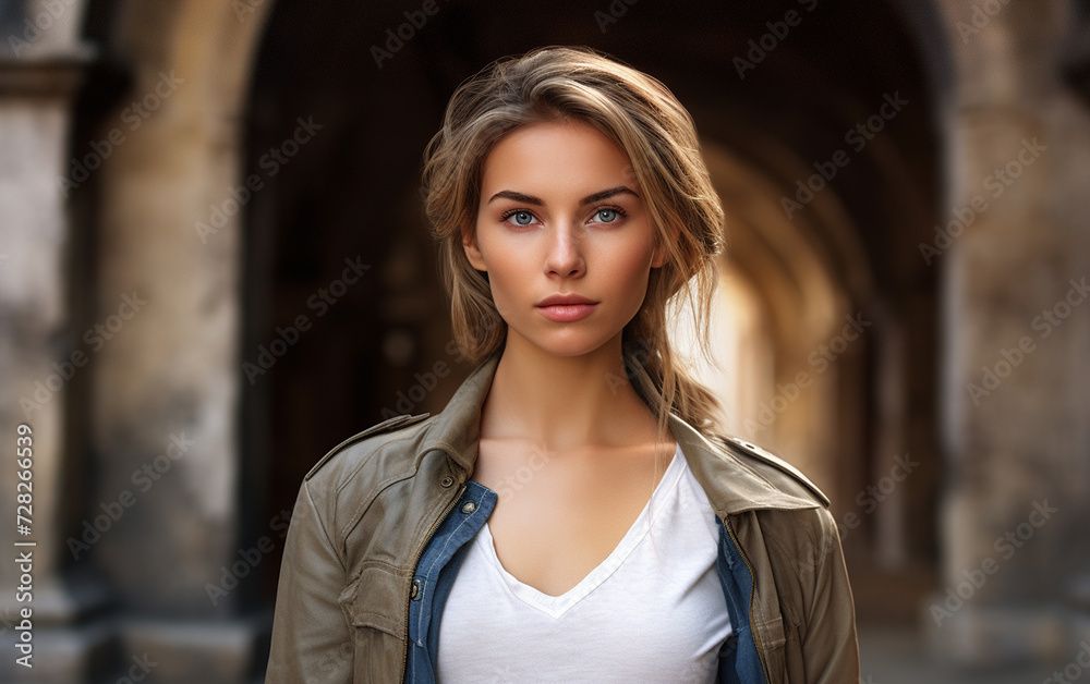 Beautiful Young Woman Standing in Front of Archway