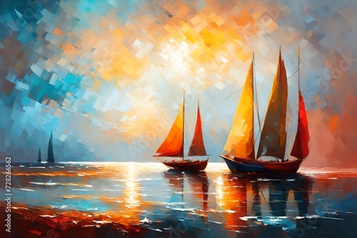 Colorful oil painting on canvas texture. Impressionism image of seascape paintings with sunlight background. Modern art oil paintings with boat, sail on sea. Abstract contemporary art for background © MISHAL
