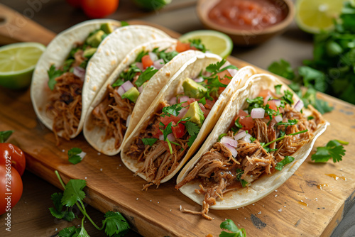 Gourmet Mexican Cuisine: Freshly Prepared Tacos with Pulled Pork and Avocado on a Wooden Board - Ideal for Food Blogs and Restaurants