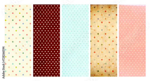 Set of vertical or horizontal retro banners with old paper texture and dots pattern. Collection of vintage backgrounds with grunge paper material and polka dots decor. Copy space for text