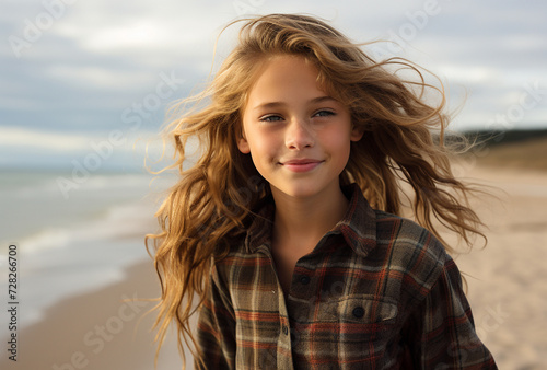 Young Girl Standing on Beach Next to Ocean
