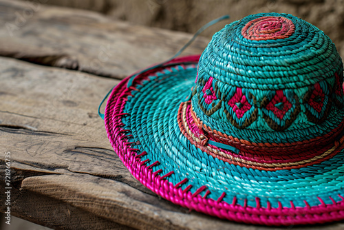 Traditional Artisan Fashion: Handcrafted Multicolored Straw Hat on Rustic Wooden Bench in Natural Light