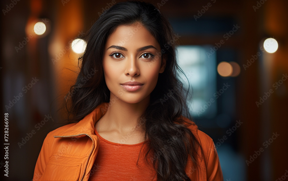 Obraz premium Woman in Orange Shirt Poses for Photo